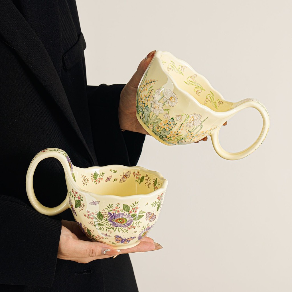 French Retro Pastoral Niche Flower Mug Gift Box ถ้วยกาแฟความจุขนาดใหญ่ของขวัญประณีต