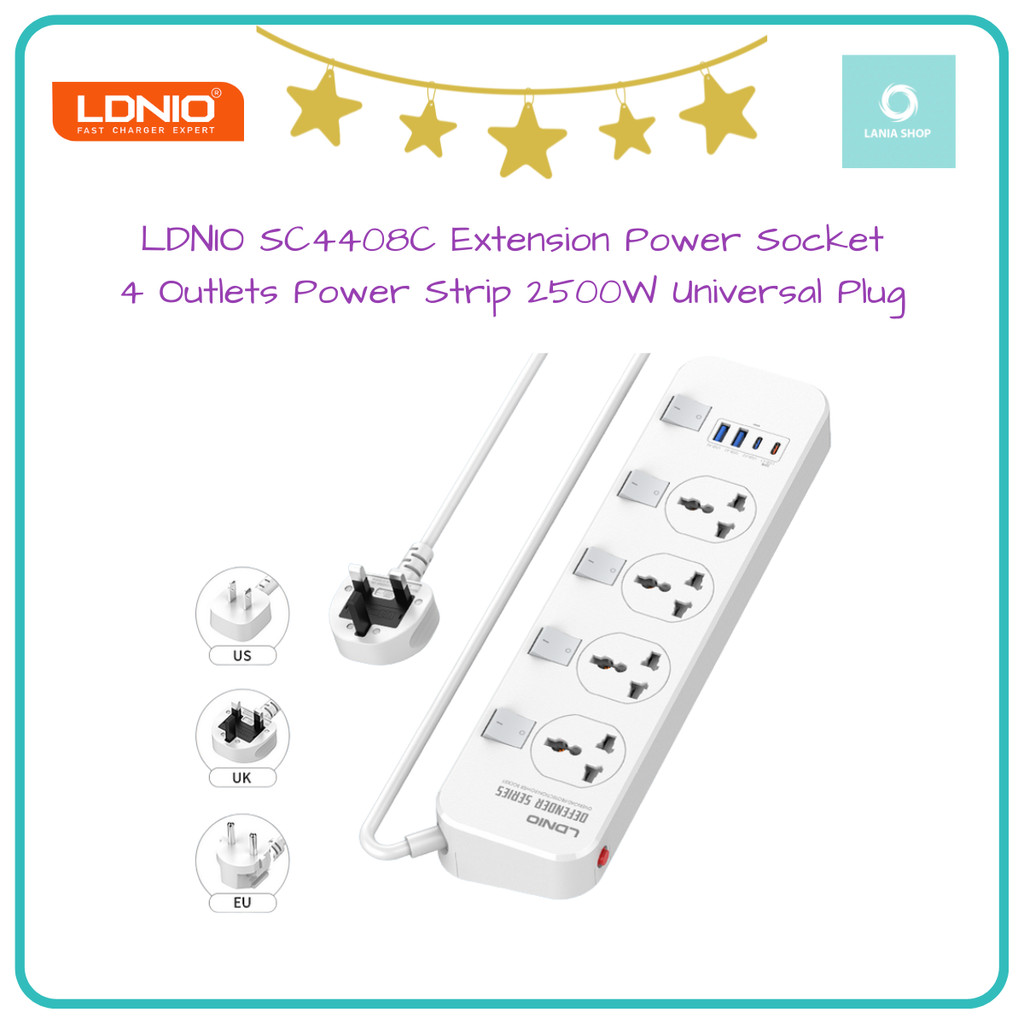LDNIO SC4408C ปลั๊กไฟขยาย 4 ช่อง USB Fast Charging Power Strip 2500W ปลั๊กสากล