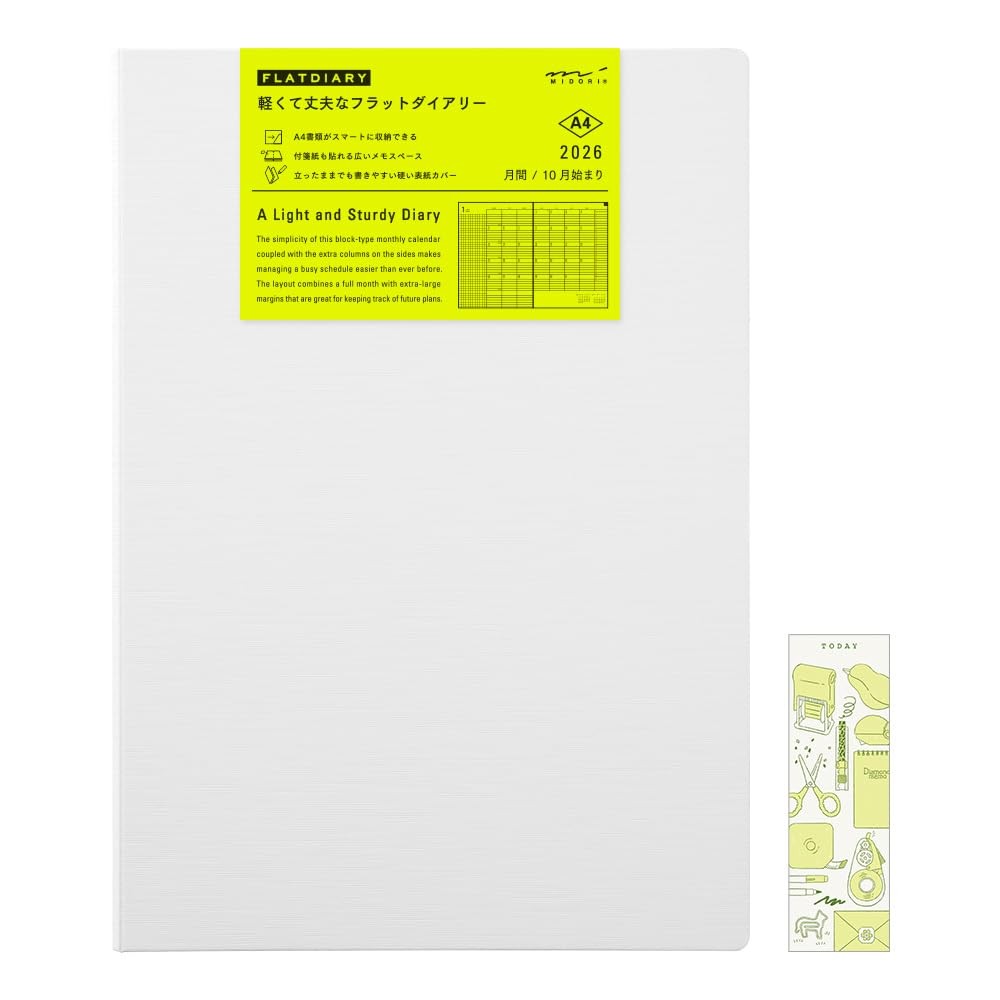 Midori 2026 Flat Diary Limited Edition Monthly Planner A4/A5 with Bookmark - White/Black Starting Oc