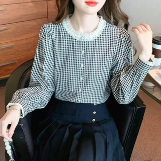 Chili Koko เสื้อเชิ้ต ลายสก็อต สไตล์เรโทรฝรั่งเศส คอกลม ลูกไม้ระดับไฮเอนด์ สำหรับผู้หญิง แขนยาว เสื้อเรียบหรู 99217