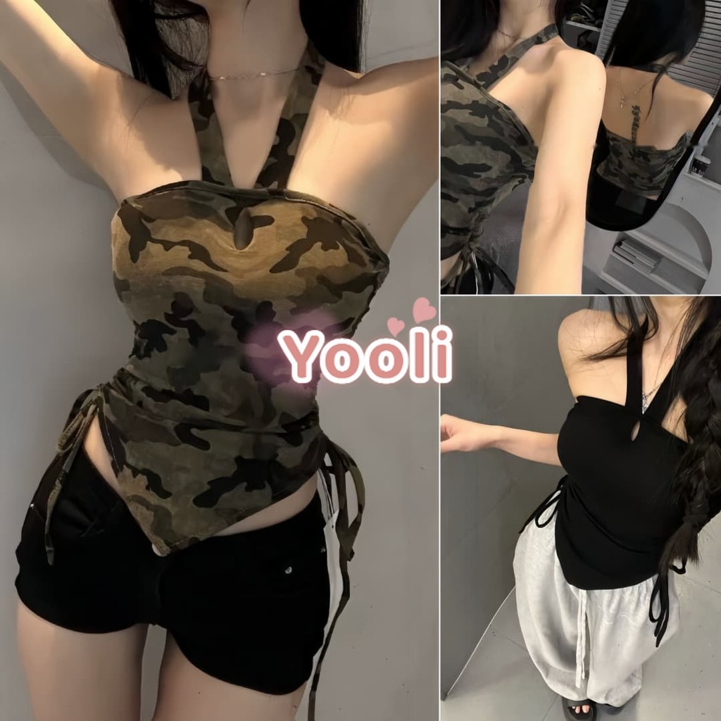 เสื้อคอคล้อง เสริมฟองน่ำ น่ารักมากๆ สีพื้นยืดพอดีเว้าหลังลายทหาร ทันสมัยและไม่เหมือนใคร สีดำ