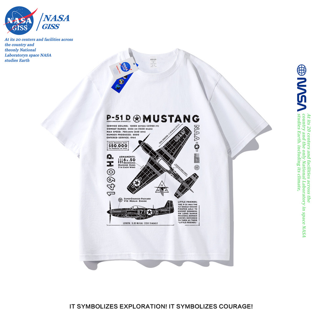 NASA เสื้อยืดชายหญิงแขนสั้น สตรีทฮิปฮอป summer เครื่องบินรบ P-51 พิมพ์ลาย คอตตอน คอกลม หลวมและระบายอากาศ