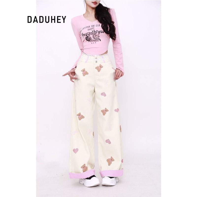 DaDuHey Straight Jeans Women's Korean-Style Retro Bear Embroidery Sweet Girlish Style Wide-Leg Pants | 113 - รูปที่ 3