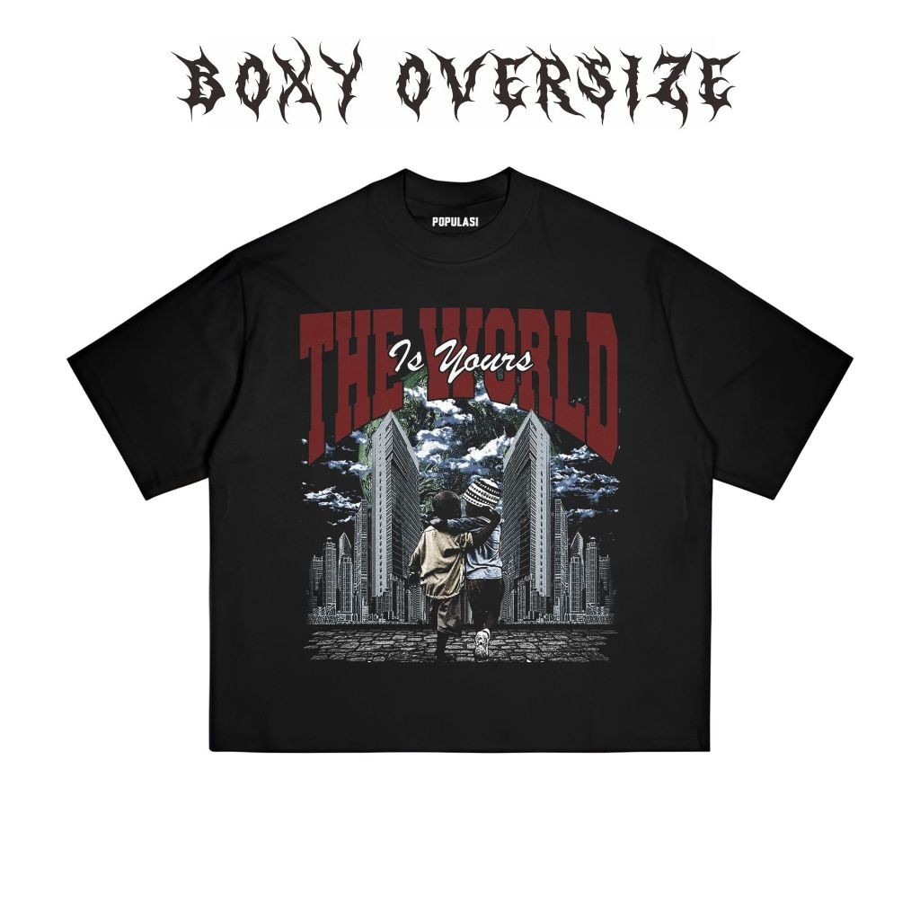 Cavenza - Boxy เสื้อยืด Oversize The World Is Yours เสื้อยืดสีดําสําหรับผู้ชายและผู้หญิง