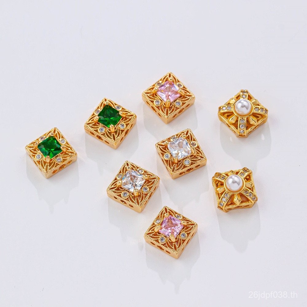 DIY ชุบสร้อยคอทองคําแท้ลูกปัดมีรูพรุนสร้อยข้อมือฝังZirconอุปกรณ์เสริมสแควร์วัสดุทําด้วยมือวิธีโบราณH