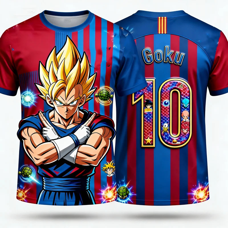 Dragon Ball Super Goku Super Saiyan 3D พิมพ์เสื้อฟุตบอลผู้ชายลําลองแขนสั้นอะนิเมะฟุตบอล Tee ชุดกีฬาเด็ก