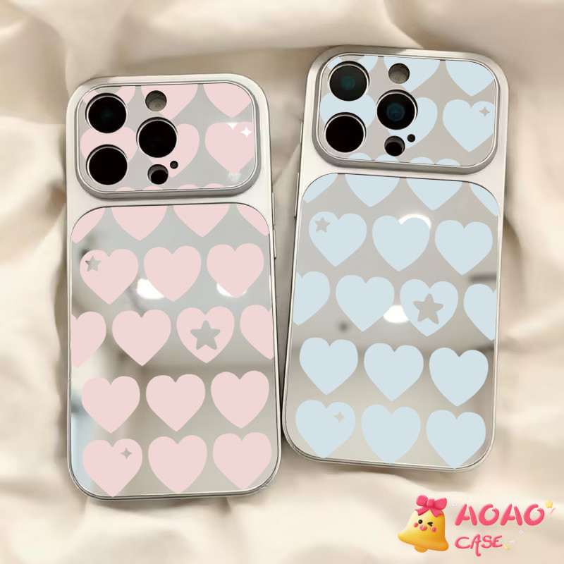 เคสกระจกลายหัวใจสีชมพูฟ้า สำหรับ iPhone 16 Plus 15 Pro 14 17 Pro Max 13 11 12 17 Air X Xr Xs Max เคสมิเรอร์สีพาสเทล
