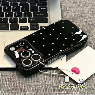สำหรับ OPPO A58 A60 A3x A57 A38 A17 A15 A16 A16s A54s A74 A53 Reno4F เคสดำลายจุดขาว ลายหมีและโบว์ สไตล์หวานน่ารัก
