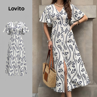(New Arrival) Lovito Vestido Boho com Fenda Estilo Resort Primavera/verão Azul para Mulheres LK7LD176