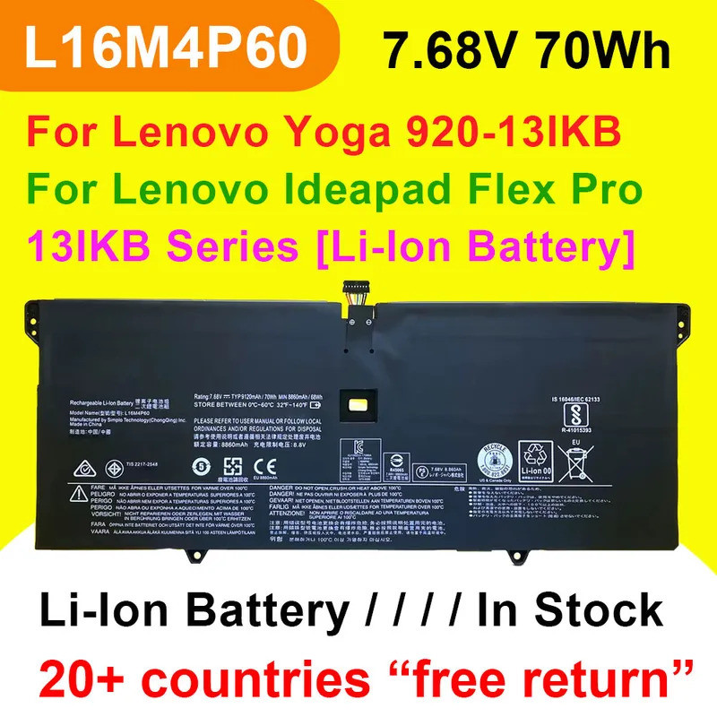 L16M4P60 แบตเตอรี่แล็ปท็อปสําหรับ Lenovo โยคะ 920-13IKB 6 Pro-13IKB,สําหรับ IdeaPad Flex Pro Series 