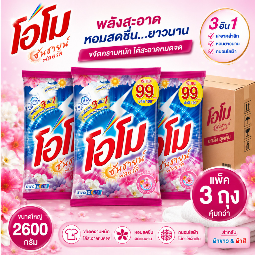 (NO LIVE) แพ็ค 3 ถุงโอโมซันชายน์ 2600 กรัม สีชมพูฟอลอรัล