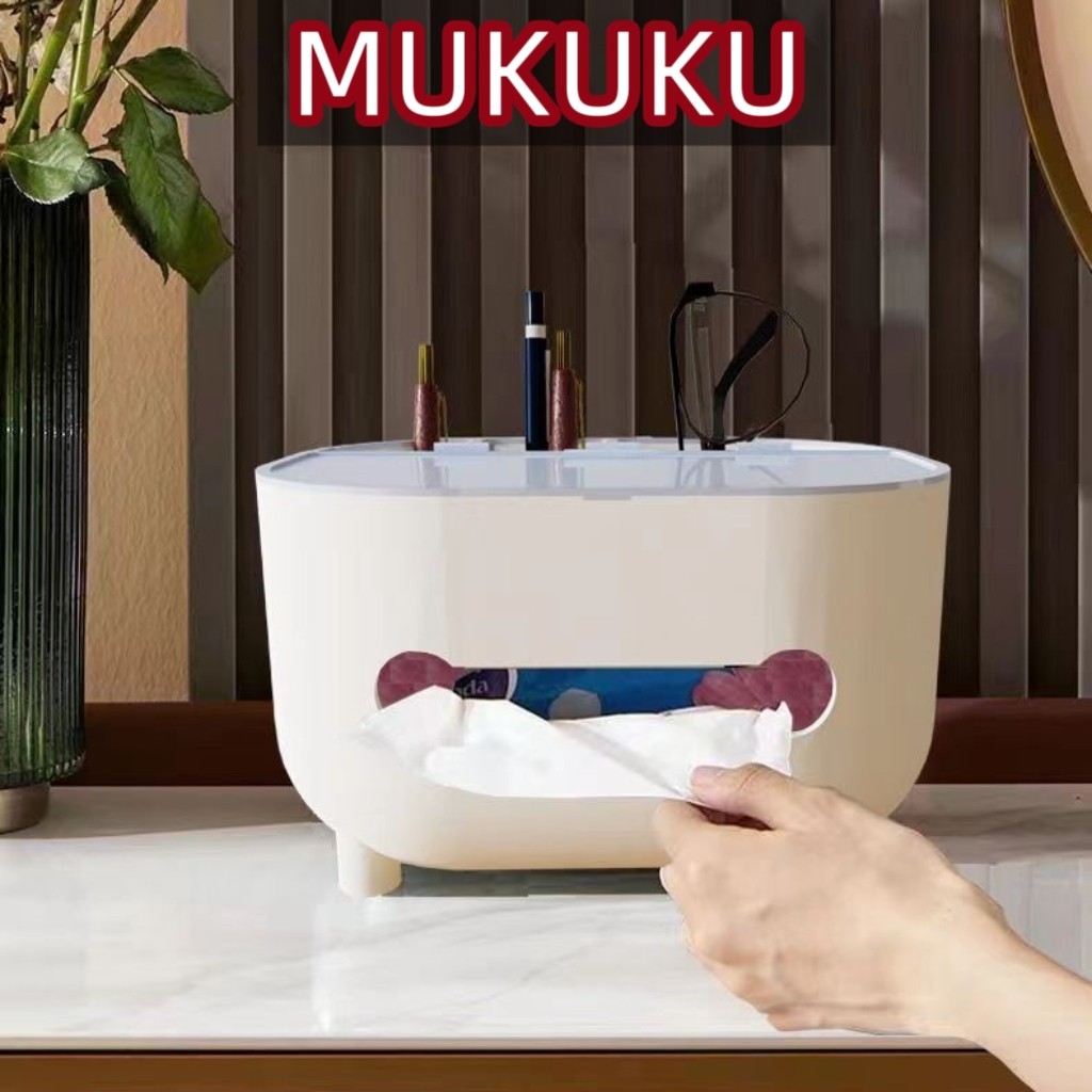 MUKUKU กล่องทิชชู่อเนกประสงค์ พลาสติกแข็งแรง 3 ช่องเก็บของ กล่องจัดระเบียบโต๊ะ วางมือถือ