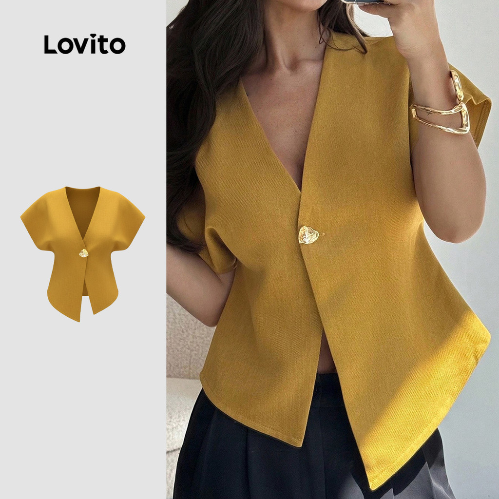 Lovito เสื้อเบลเซอร์ผู้หญิง กระดุมโลหะสปริง/ฤดูร้อน สีขมิ้น เรียบหรู LK6LD341