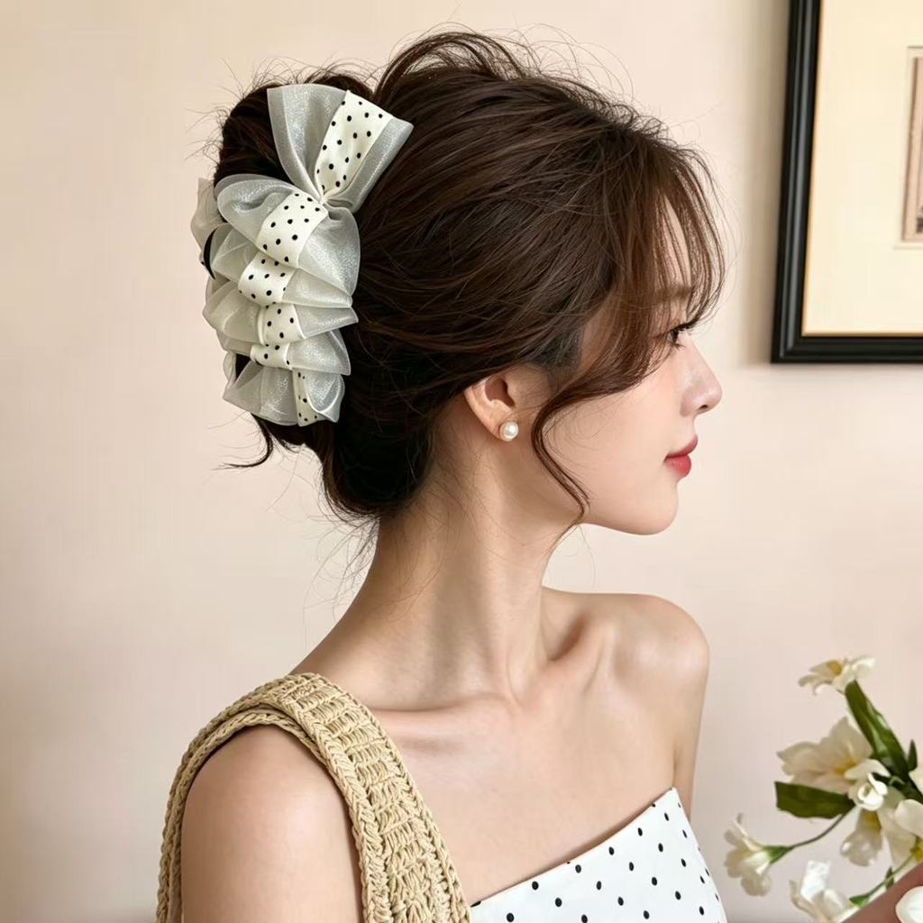ผ้ากอซย่น กิ๊บติดผมลายจุด คลิปกล้วยหางม้าหญิง