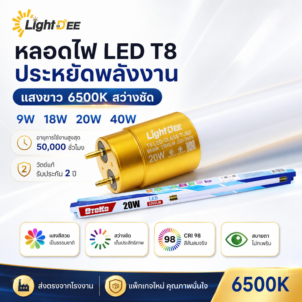 หลอดไฟ LED T8 20W/40W 60/120cmหลอดนีออน หลอดนีออนแอลอีดี ขั้วสีขาว ขั้วสีทอง (แสงสีขาว) แพ็ค 1หลอด