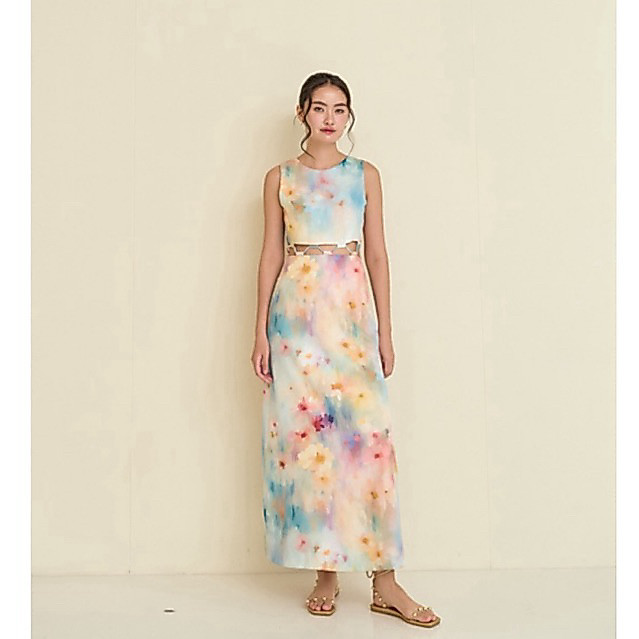 Aunchadabrand - Venus dress เดรสยาวผ้าพิมพ์ลาย เว้าช่วงเอว ชุดไปงาน