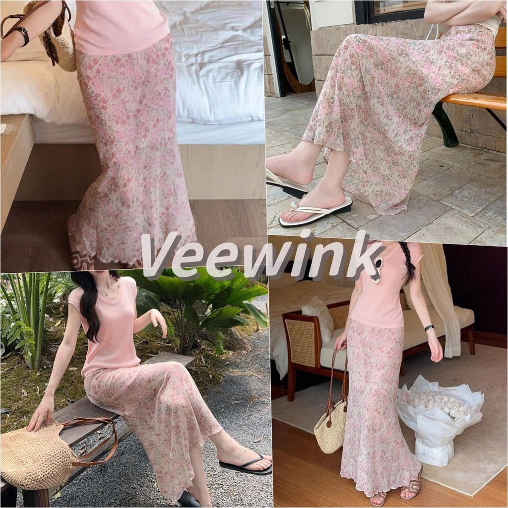 Veewink กระโปรงยาวลายดอกไม้สีชมพู เอวสูง เนื้อผ้าหรู หวาน ดูดี ใส่แล้วดูเพรียว ลดน้ำหนัก