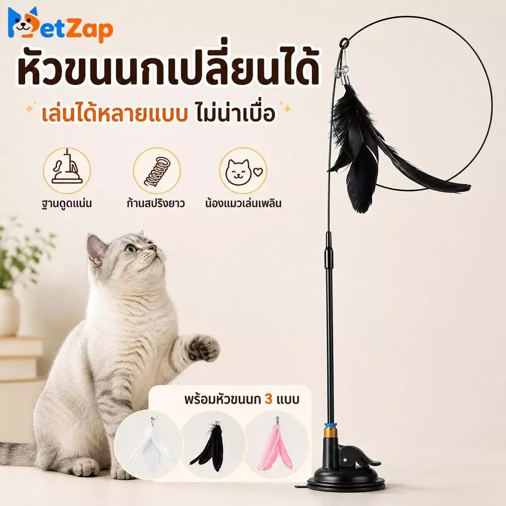【PetZap】ไม้ล่อแมวติดกระจก ของเล่นแมวแก้เบื่อ ฐานดูดสูญญากาศ ด้ามยาว แมวเล่นสนุก COD CW-035