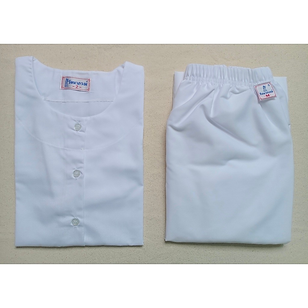 ชุดปฏิบัติธรรมหญิงผ้าคอมทวิวสีขาวละมุน  รัตนาภรณ์ (เสื้อแขนสามส่วน + ผ้าถุงยางยืด) เนื้อหนา ผ้านิ่มลื่น สวมใส่สบาย
