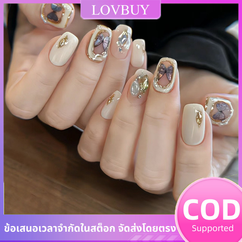 เล็บปลอมรูปผีเสื้อ ประดับเพชรและไข่มุก สไตล์สั้นทรงกลม เล็บปลอม เล็บปลอมติด เล็บปลอมเจล งานแฮนด์เมด nail ใช้ซ้ําได้