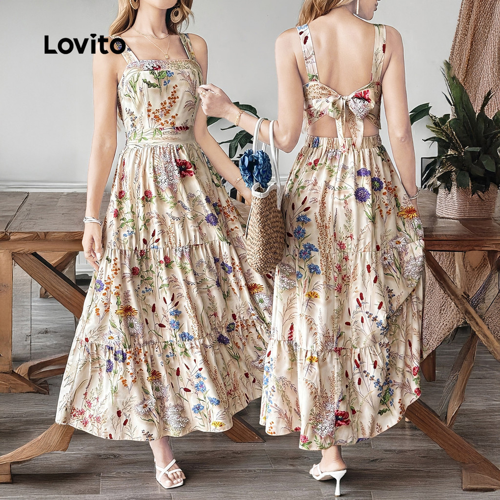Lovito โบโฮ เดรส โบว์หลัง ผ่ากลวง กระโปรงระบาย เดรสฤดูใบไม้ผลิ/ฤดูร้อนสําหรับผู้หญิง LK5ED972