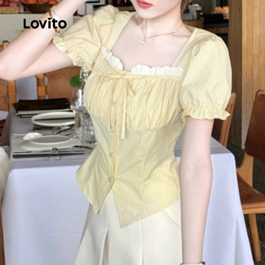 (แคชชวล) Lovito เสื้อสีตัดกันลูกไม้ขึ้นแยกด้านหน้าฤดูใบไม้ผลิ/ฤดูร้อนเสื้อสีเหลืองสําหรับผู้หญิง L135ED266