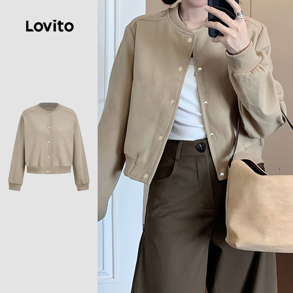 Lovito แคชชวล แจ็คเก็ตลําลองผู้หญิงฤดูใบไม้ร่วง/ฤดูหนาวสีคากิแบบเรียบง่าย L173AD077