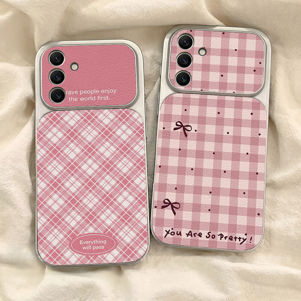 ลายสก็อตสีชมพู เคส For Samsung A27 A37 A57 S26 A07 A17 A56 A36 A06 A16 A35 A55 A15 เคสโทรศัพท์หนังแกะ เคสโทรศัพท์