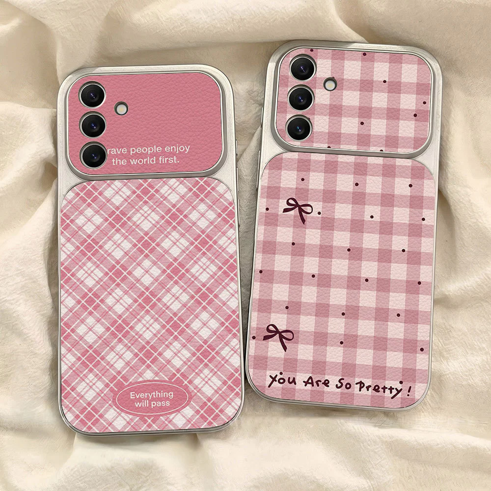 ลายสก็อตสีชมพู เคส For Samsung A27 A37 A57 S26 A07 A17 A56 A36 A06 A16 A35 A55 A15 เคสโทรศัพท์หนังแกะ เคสโทรศัพท์