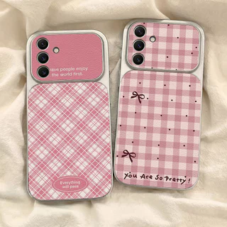 ลายสก็อตสีชมพู เคส For Samsung A27 A37 A57 S26 A07 A17 A56 A36 A06 A16 A35 A55 A15 เคสโทรศัพท์หนังแกะ เคสโทรศัพท์