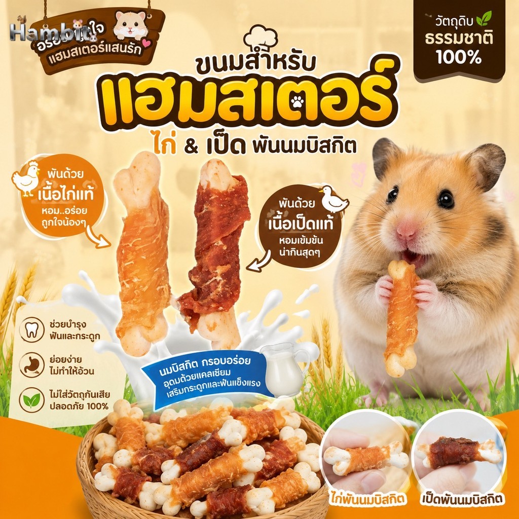 Hambit. ขนมแฮมสเตอร์ มิลค์บิสกิตพันเนื้อสัตว์ (ไก่/เป็ด) ขนมขัดฟันสัตว์เลี้ยง บำรุงกระดูก ย่อยง่าย