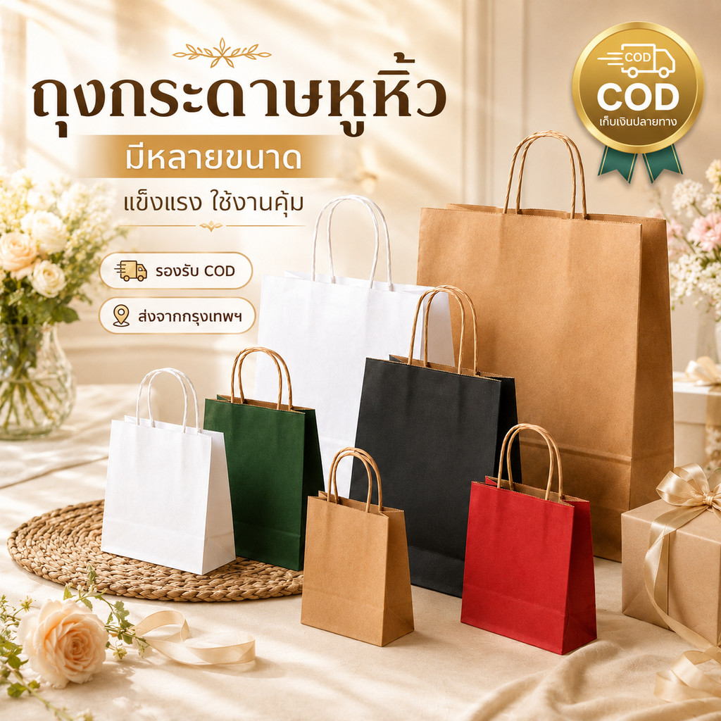 ถุงกระดาษคราฟท์หูหิ้ว ถุงของขวัญ ถุงช้อปปิ้ง ถุงใส่สินค้า กระดาษหนา หลายสี หลายขนาด แพ็คเกจจิ้ง พร้อมส่ง