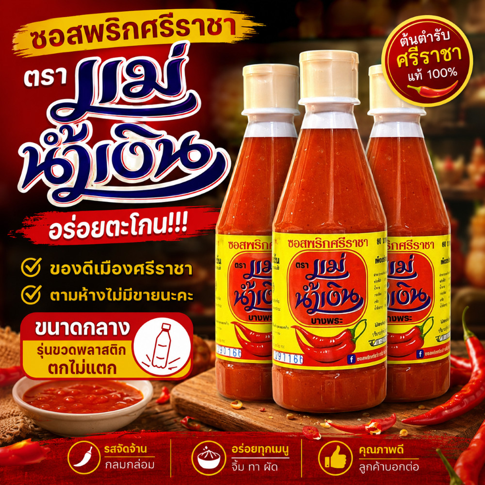 ซอสพริกศรีราชา แม่น้ำเงิน รสเข้มข้นเผ็ดกลมกล่อม ขวดใหญ่ ขวดเล็ก ของแท้ ปรุงอาหาร จิ้ม ของทอดอร่อย(450g)