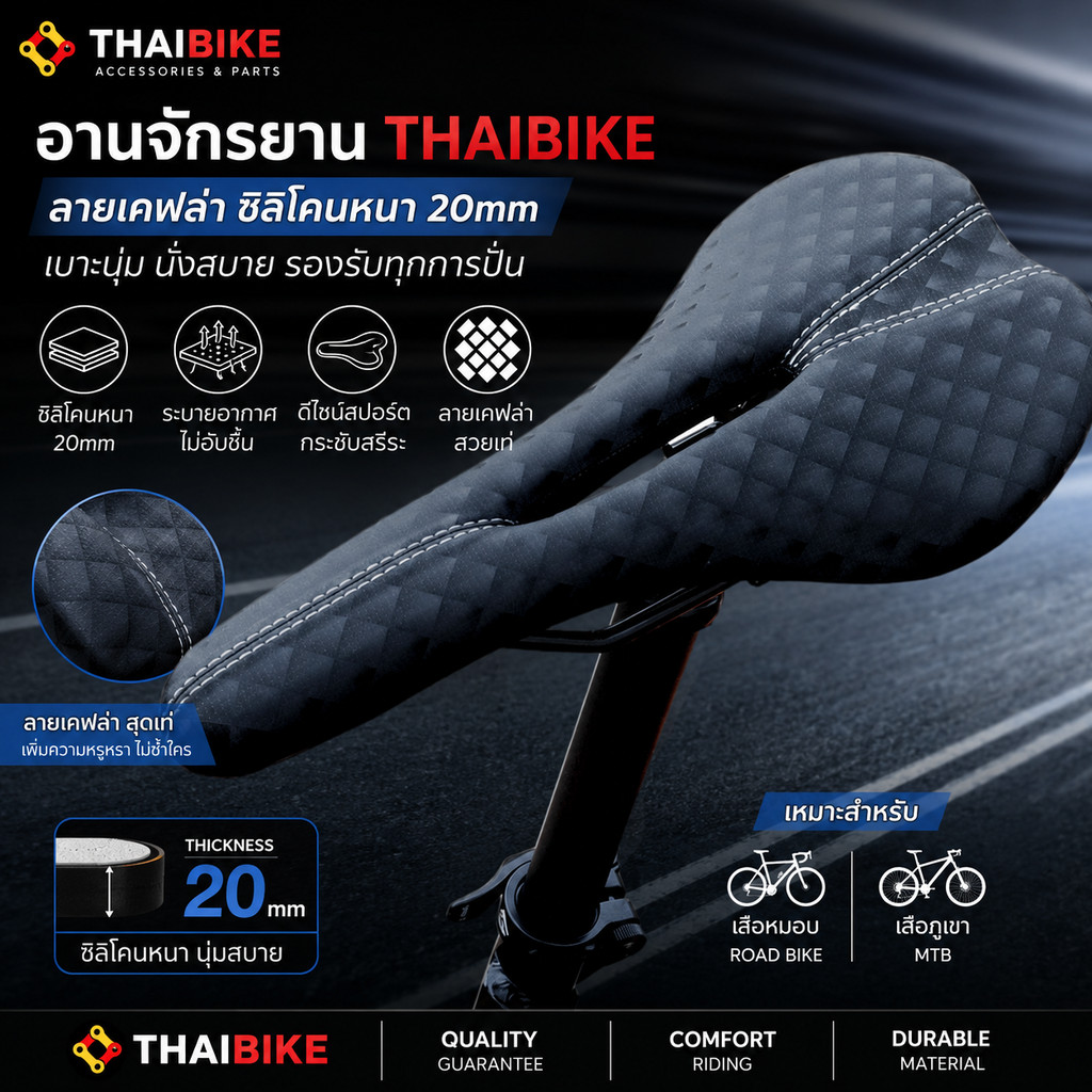 อานจักรยาน THAIBIKE ลายเคฟล่า ซิลิโคนหนา 20mm เบาะนุ่ม นั่งสบาย สำหรับเสือหมอบ/MTB