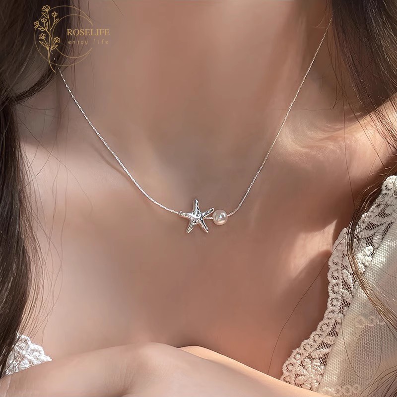Roselife สร้อยคอมุกและลูกปัดแบบดาวทะเล สไตล์เกาหลี เพศหญิง ทำจากเงินสเตอร์ลิง S925