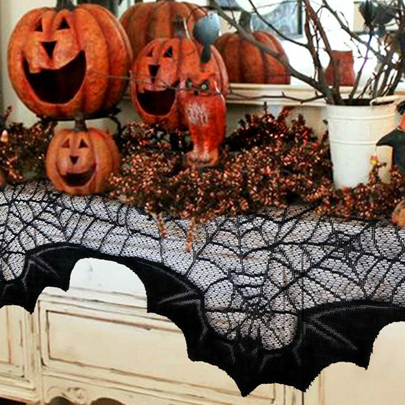 สีดําลูกไม้ Spider Web Fireplace Mantle ผ้าพันคอสําหรับ Halloween Decor Haunted