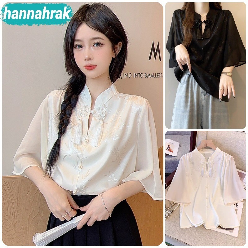 (ส่งจากกรุงเทพฯ)เสื้อเชิ้ต สไตล์จีนสมัยใหม่ แขนสั้นแขนพอง สําหรับผู้หญิง(สีขาว,สีดำ)