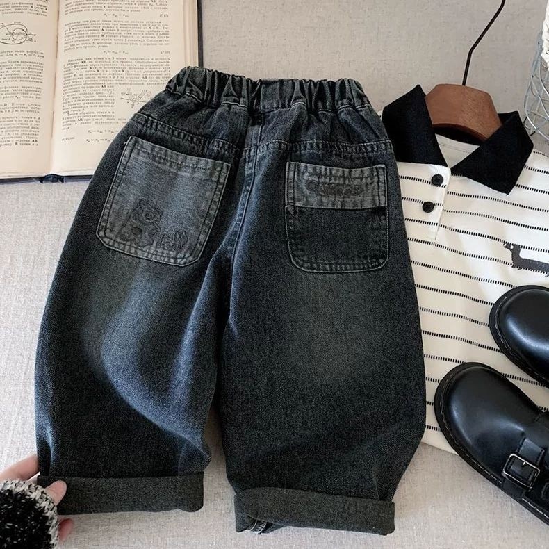 กางเกงยีนส์สีดำสำหรับเด็กชาย สไตล์เกาหลี สำหรับฤดูใบไม้ผลิ
