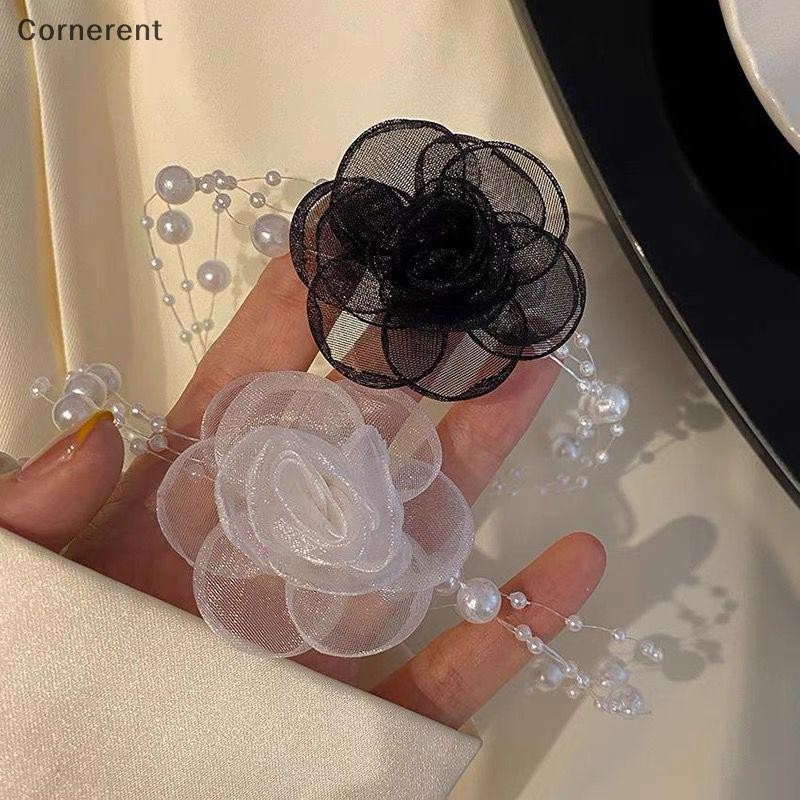 สร้อยคอมุกดอกไม้สไตล์ฝรั่งเศส สีดำและขาว มุกลายละเอียดคล้องคอ femur chain สำหรับวันร้อน