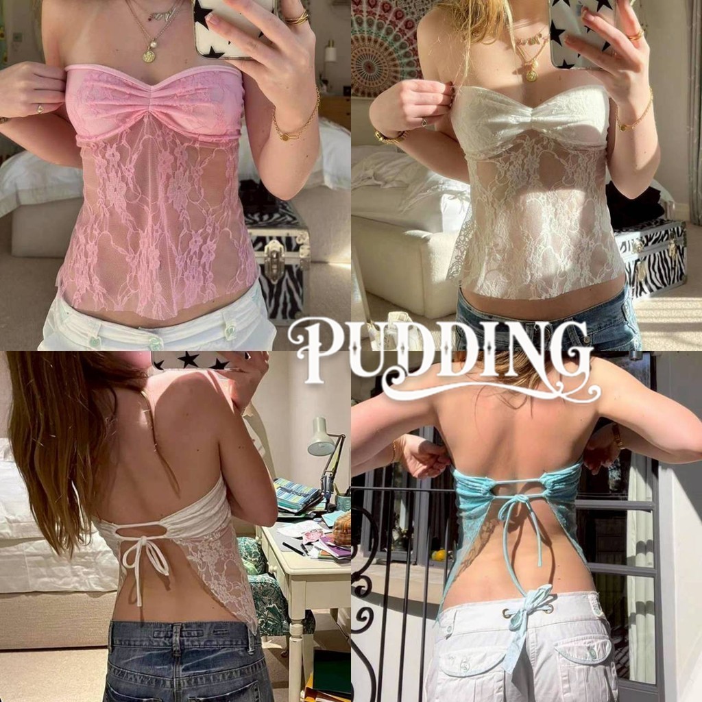 PUDDING พร้อมส่ง เสื้อเกาะอก ลายลูกไม้ดีเทลผูกหลัง การสวมใส่แบบสลิม น่ารักไม่ไหว สไตล์สาวเกาหลี-FY2958