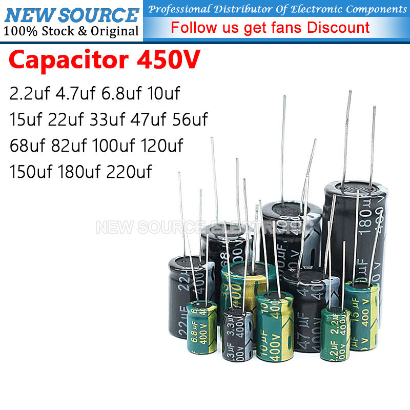 [1-20 ชิ้น] 450V ตัวเก็บประจุอลูมิเนียมอิเล็กโทรลีติค 2.2uf 4.7uf 6.8uf 10uf 15uf 22uf 33uf 47uf 56u