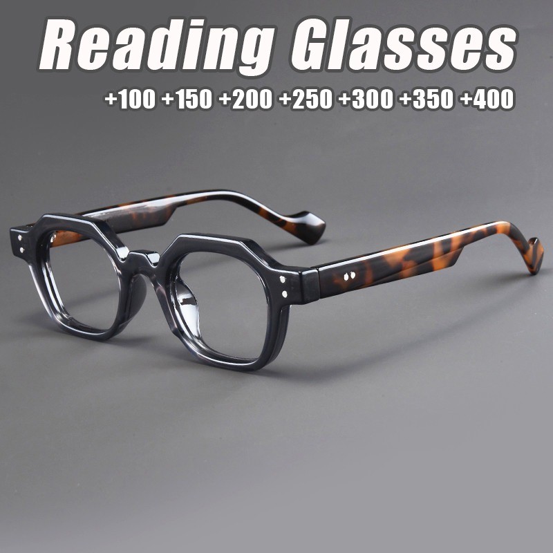 (0 ~ + 400) ผู้ชายสแควร์แว่นอ่านหนังสือคลาสสิกเสือดาวรูปหลายเหลี่ยมกรอบแว่นตาพร้อมเลนส์เกรด ความละเอียดสูง อ่านหนังสือแก้วแว่นสายตายาว