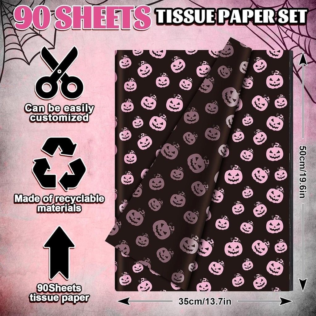 Whaline 90 แผ่นกระดาษทิชชู่ฮาโลวีนสีชมพูสีดําฟักทองค้างคาว Spiderweb กระดาษห่อของขวัญสําหรับ DIY Art