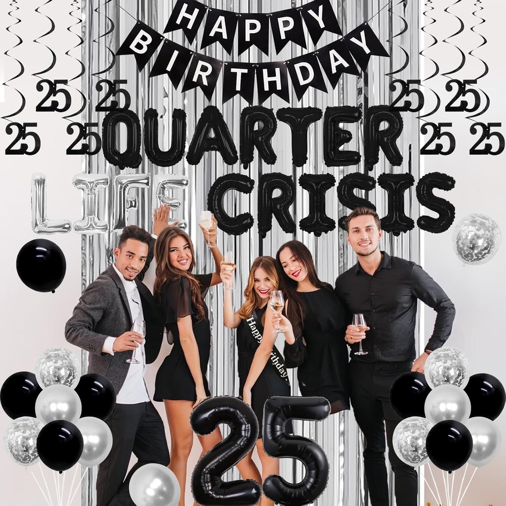 25th ตกแต่งวันเกิดเงินและสีดํา Quarter Life Crisis บอลลูนแบนเนอร์ตกแต่ง Happy 25th Birthday แบนเนอร์