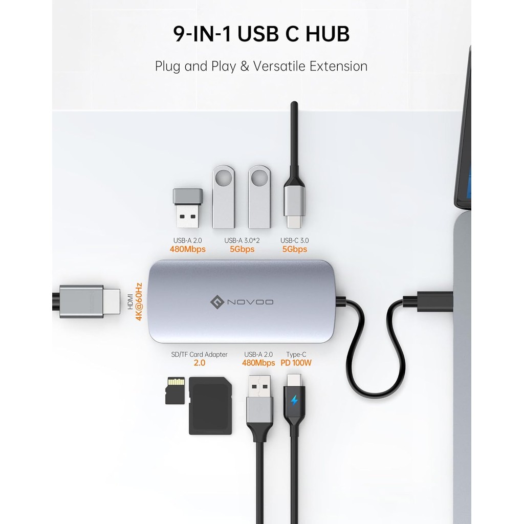 ฮับ USB C, อะแดปเตอร์หลายพอร์ต USB C 9 in 1 พร้อม HDMI 4K @ 60Hz, พอร์ต USB 5 พอร์ต, 100W PD, อะแดปเ