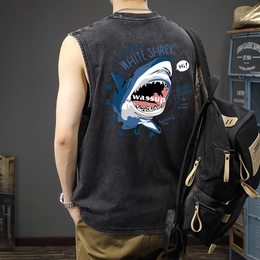 Sea.Tee แขนกุด เสื้อฟอก vest คอกลม ผ้าCotton 100% ชาย หลวม 'SHARK' 3XL