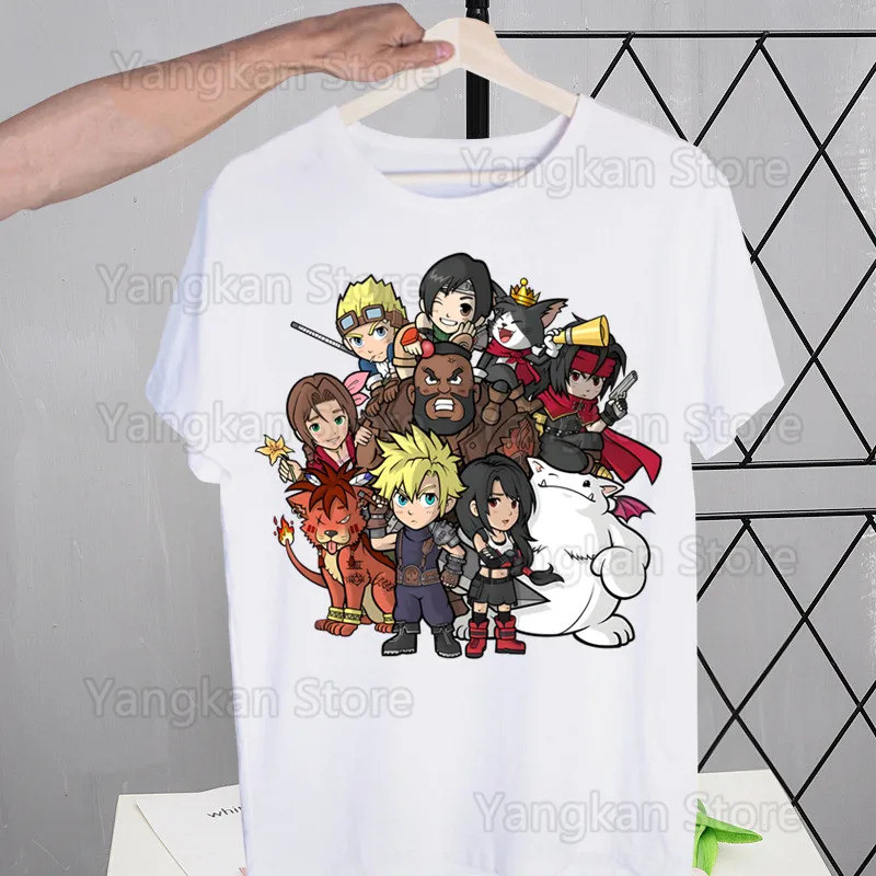 Casual Final Fantasy 7 FF7 Casual Street สไตล์ผู้ชายแขนสั้นเสื้อยืด O-คอชายเสื้อยืด Y2k สไตล์ Excusi