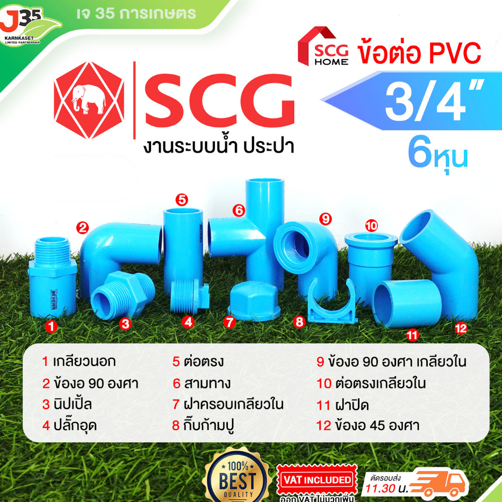 (1ตัว) ข้อต่อ PVC 3/4นิ้ว(6หุน) ต่อตรง งอ สามทาง เกลียวนอกใน ฝาปิด ฝาปิดเกลียว นิปเปิ้ล กิ๊ฟรัด รุ่นหนา13.5 ตราช้าง SCG