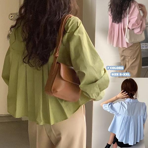 mimi&didi#เสื้อครอปแขนยาวด้านหลังจีบสำหรับผู้หญิง เสื้อเชิ้ตแฟชั่นเกาหลี หวานและน่ารัก ทรงหลวม ปกเสื้อแบบมีปก#W650