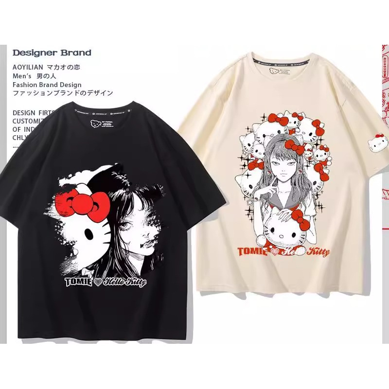 เสื้อยืดผ้าฝ้าย 100% แขนสั้น ออกแบบโดยรวม Junji Ito กับ Sanrio Hello Kitty และ Fujiang สำหรับทั้งผู้